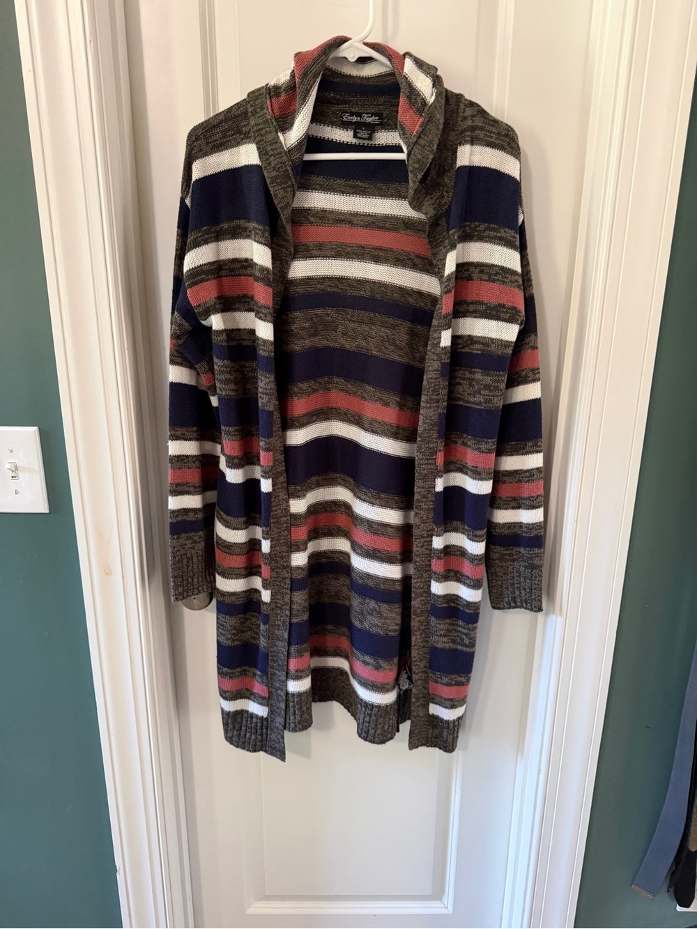 Striped Hooded Open Cardigan Sweater - Olive, Navy & Rust